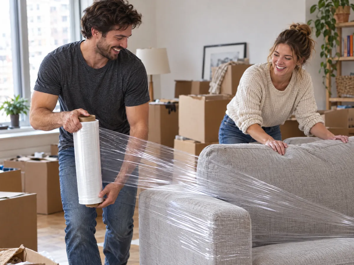 Couple wrapping a light-gray sofa in clear stretch film in an apartment with moving boxes